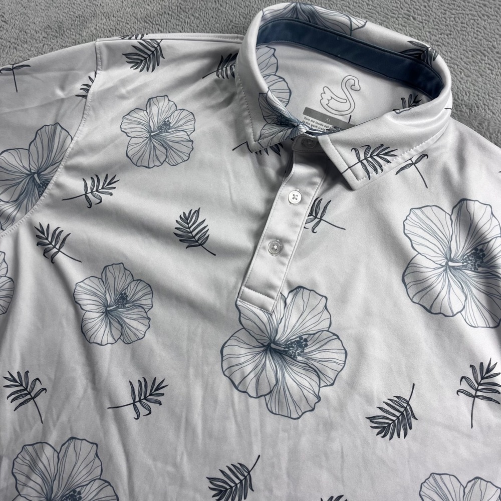 Swannies Golf Co Mens XL Polo Shirt White Grey Hibiscus Floral Performance 1923